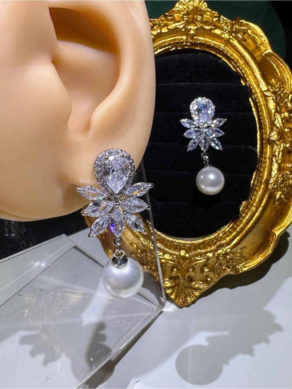 Crystal Floral Pearl Drop Earrings - Silver Tone